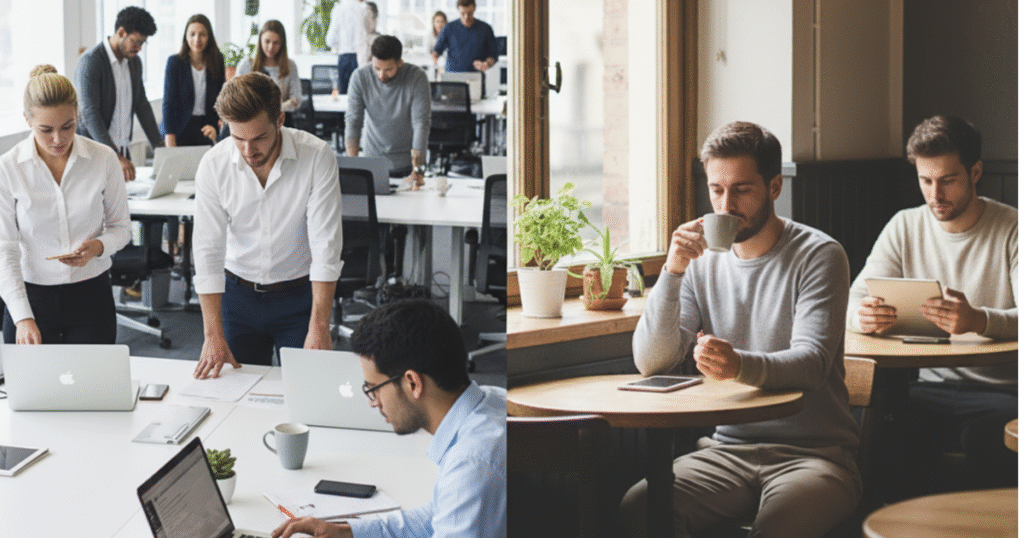 A split-panel image illustrating different work ethics that influence global competitiveness. The left side shows a busy, high-paced US office, while the right side depicts a relaxed, leisurely European cafe.