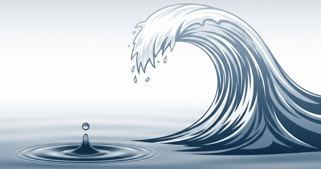 A clean, minimalist graphic showing a single drop creating a small, perfect ripple in calm water. From that first ripple, a much larger, powerful, and stylized wave is shown growing and expanding outwards, symbolizing the concept of scaling disruption. The color palette is modern and professional, using blues and grays.