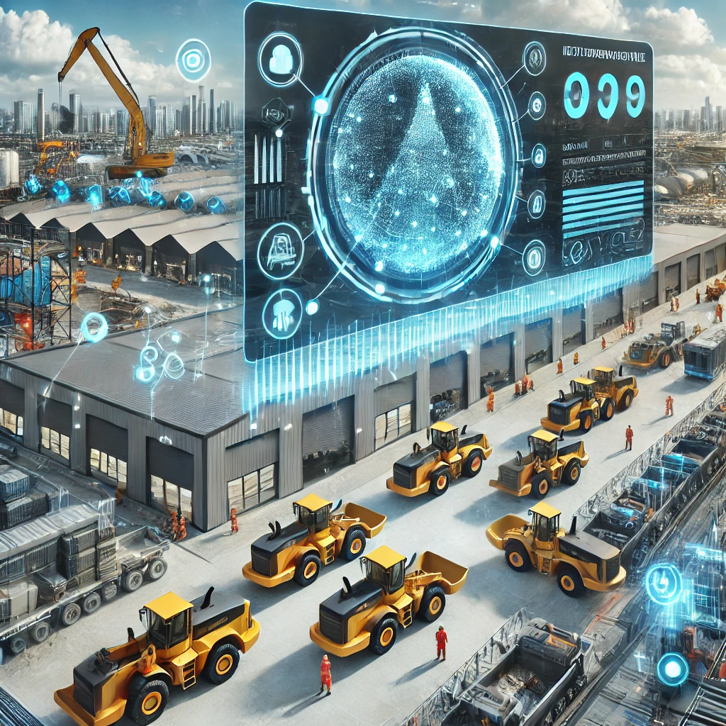 "A futuristic construction site with AI-powered equipment rental technology. A digital dashboard displaying real-time equipment data hovers over a modern rental yard, featuring smart machinery with integrated sensors and AI-driven predictive maintenance. Workers in the background use advanced technology to optimize operations."