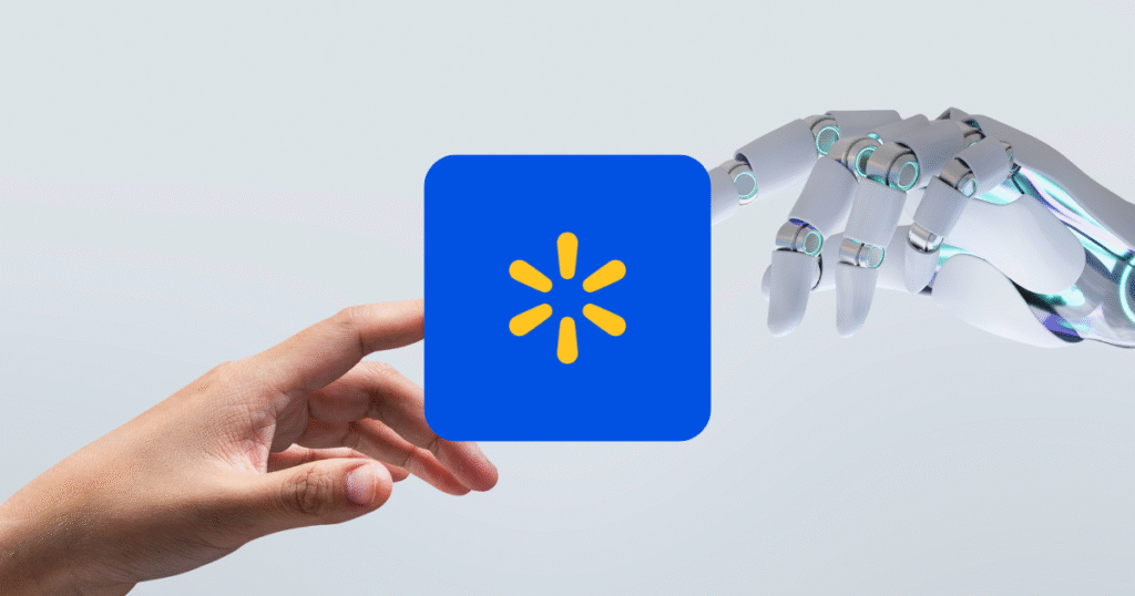 A human hand reaching toward a robotic hand with the Walmart logo in the center, symbolizing Walmart AI strategy 2025 and the integration of artificial intelligence into retail operations.