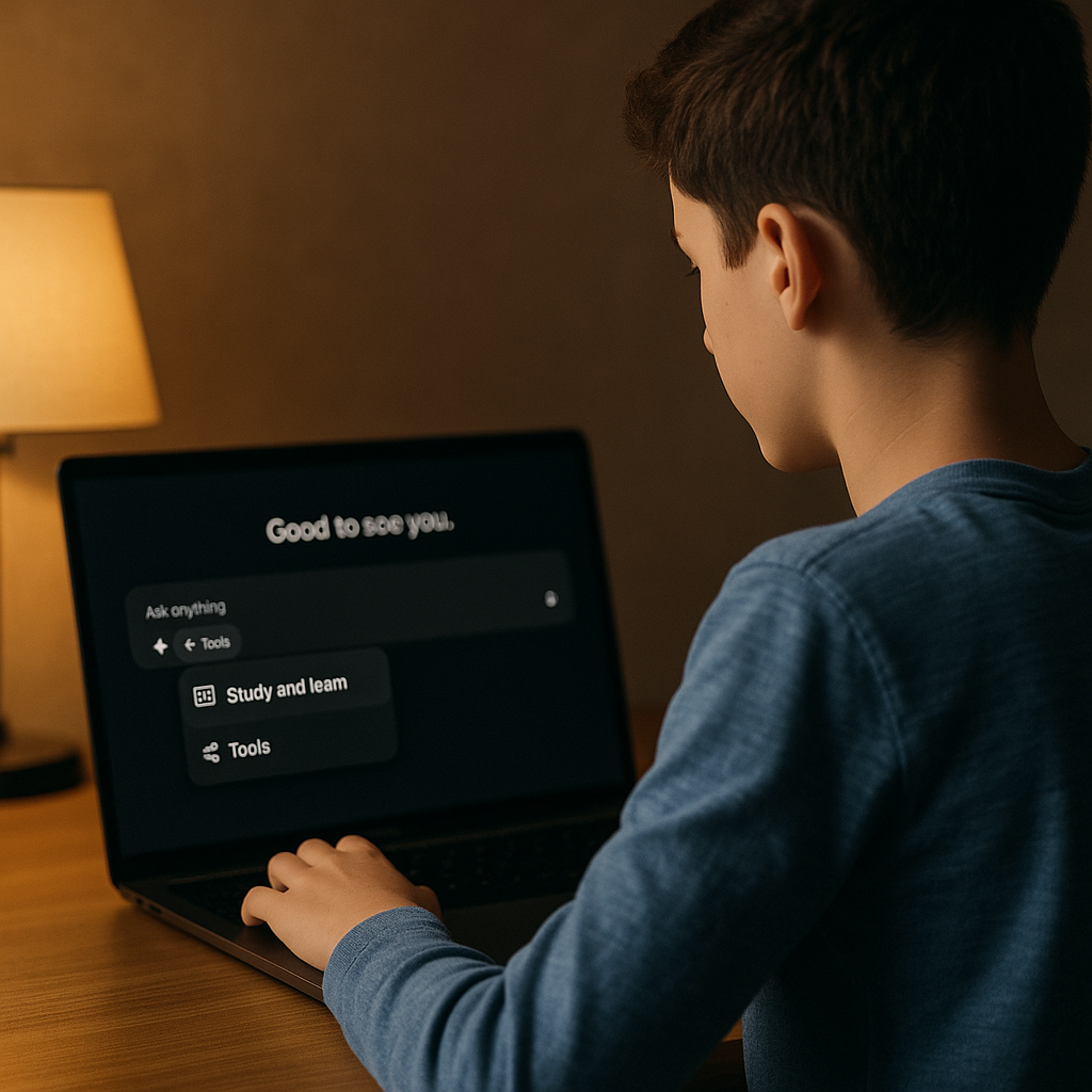 Person using laptop with ChatGPT interface in dark mode, highlighting Study and Learn features, symbolizing AI tools in education.